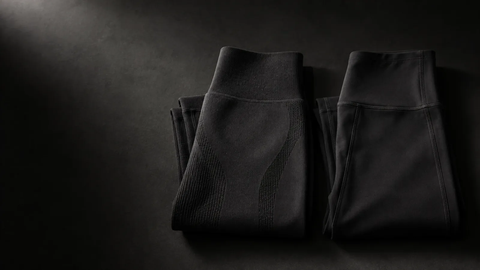 Two pairs of black leggings side by side: a seamless pair with knitted rib zones and a cut-and-sew pair with visible flatlock seams