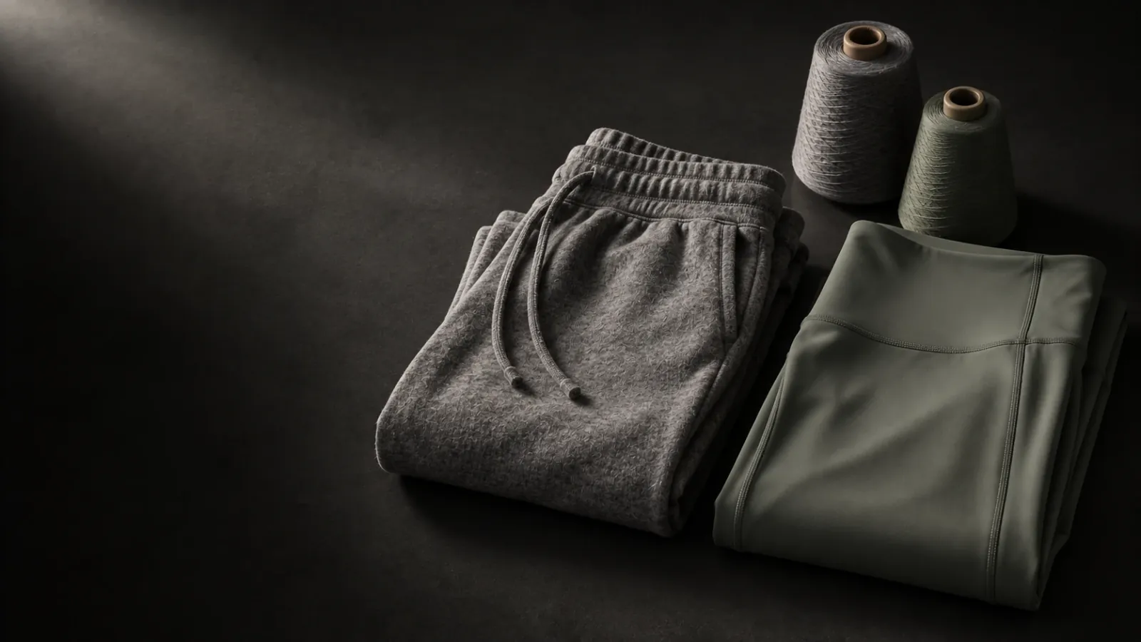 A brushed heather-grey jersey jogger beside a smooth sage legging, with two cones of yarn