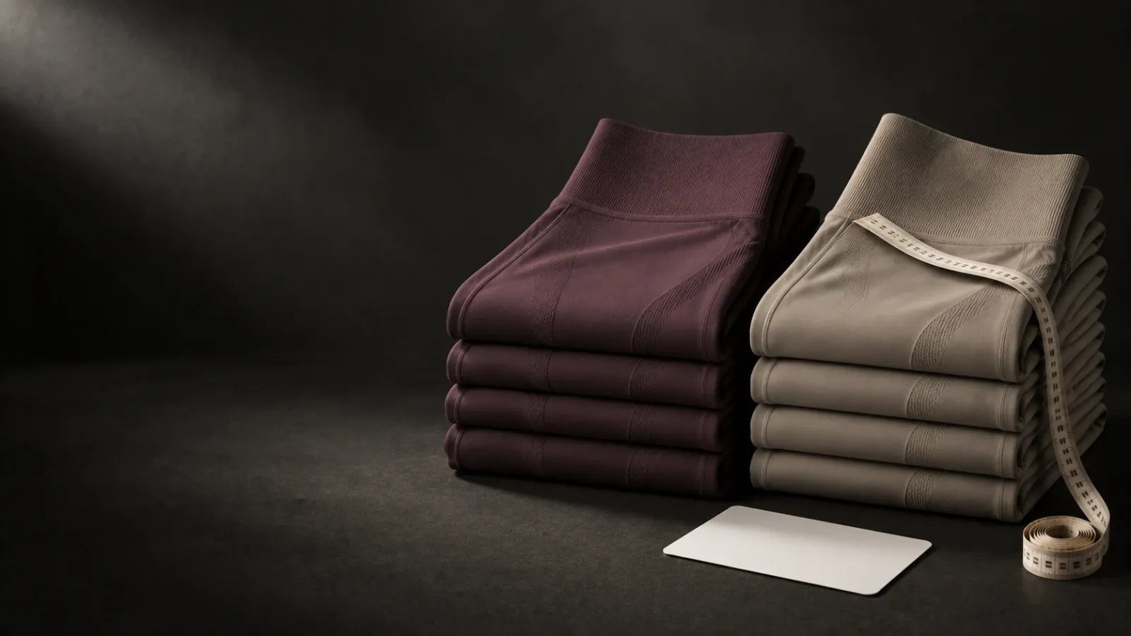 Two stacks of seamless leggings in plum and stone, with a tape measure across the top and a blank inspection card